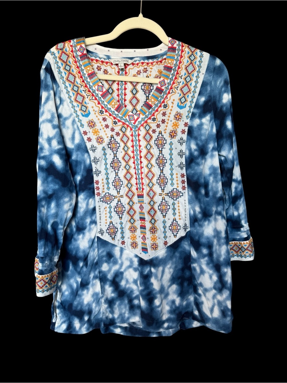John Mark Blue Tie-Dye Long Sleeve V-Neck Tunic Top with Embroidered Yoke Size L - Picture 2 of 9